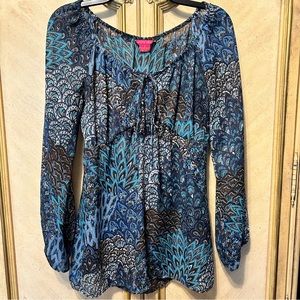 Sunny Leigh M Blue multi Boho Floral Peacock sheer Tie Front Blouse